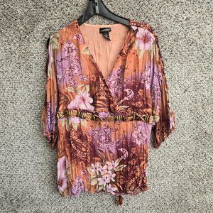 Lane Bryant Top Womens Plus 14/16 Brown Floral Print Surplice Neck Blouse Ladies